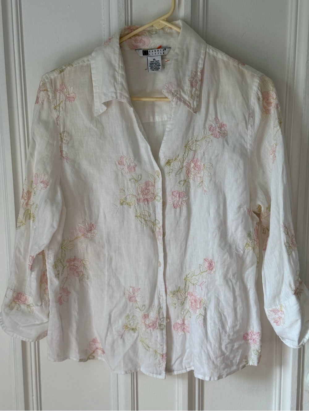 Women’s Carole Little Linen Embroidered 3/4 Sleeve Button Front V Neck Blouse XL